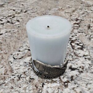 BLUE PILLAR CANDLE WITH SILVER PEWTER FISH CANDLE HOLDER